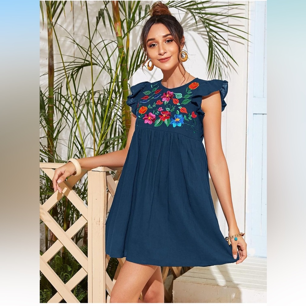 Floral Embroidered Navy Dress
